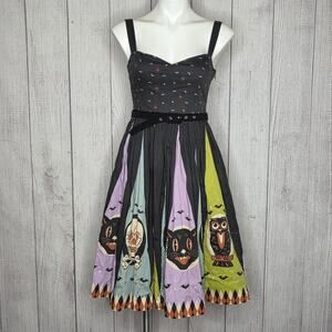 The Oblong Box Shop Halloween Treat Dress - Cats Skulls Owls Pinup, sz Small